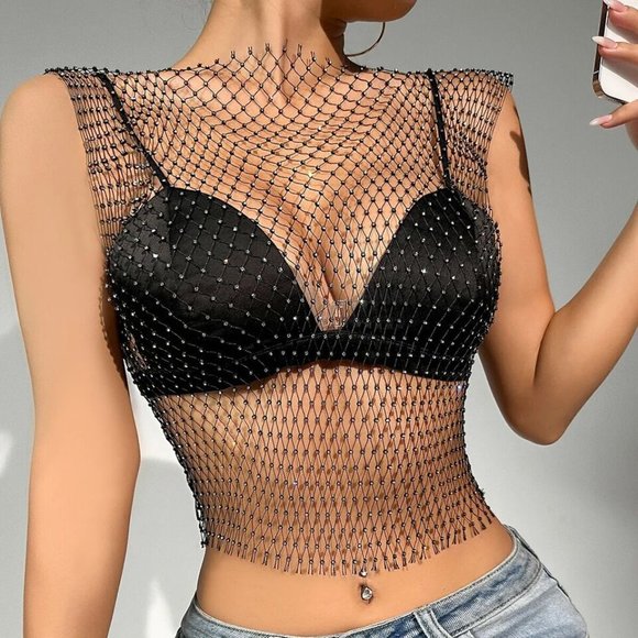 Mesh See Through Vest Women Sexy Shiny Fishnet Crop Top Cover - Picture 4 of 9